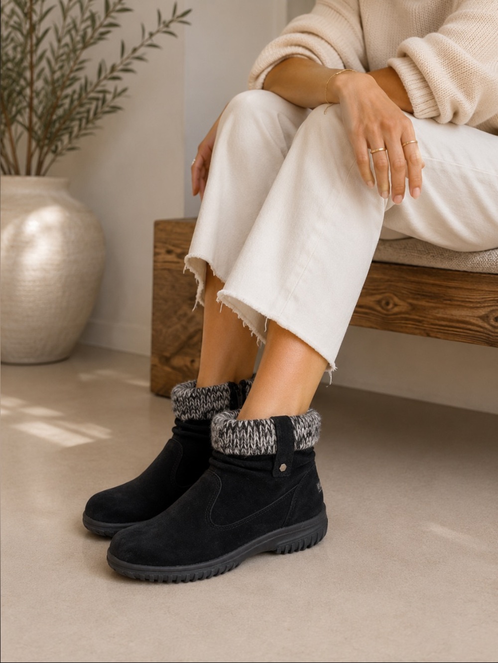 Khombu Ladies All-Weather Black Suede Ankle Boots with Knit Cuff
